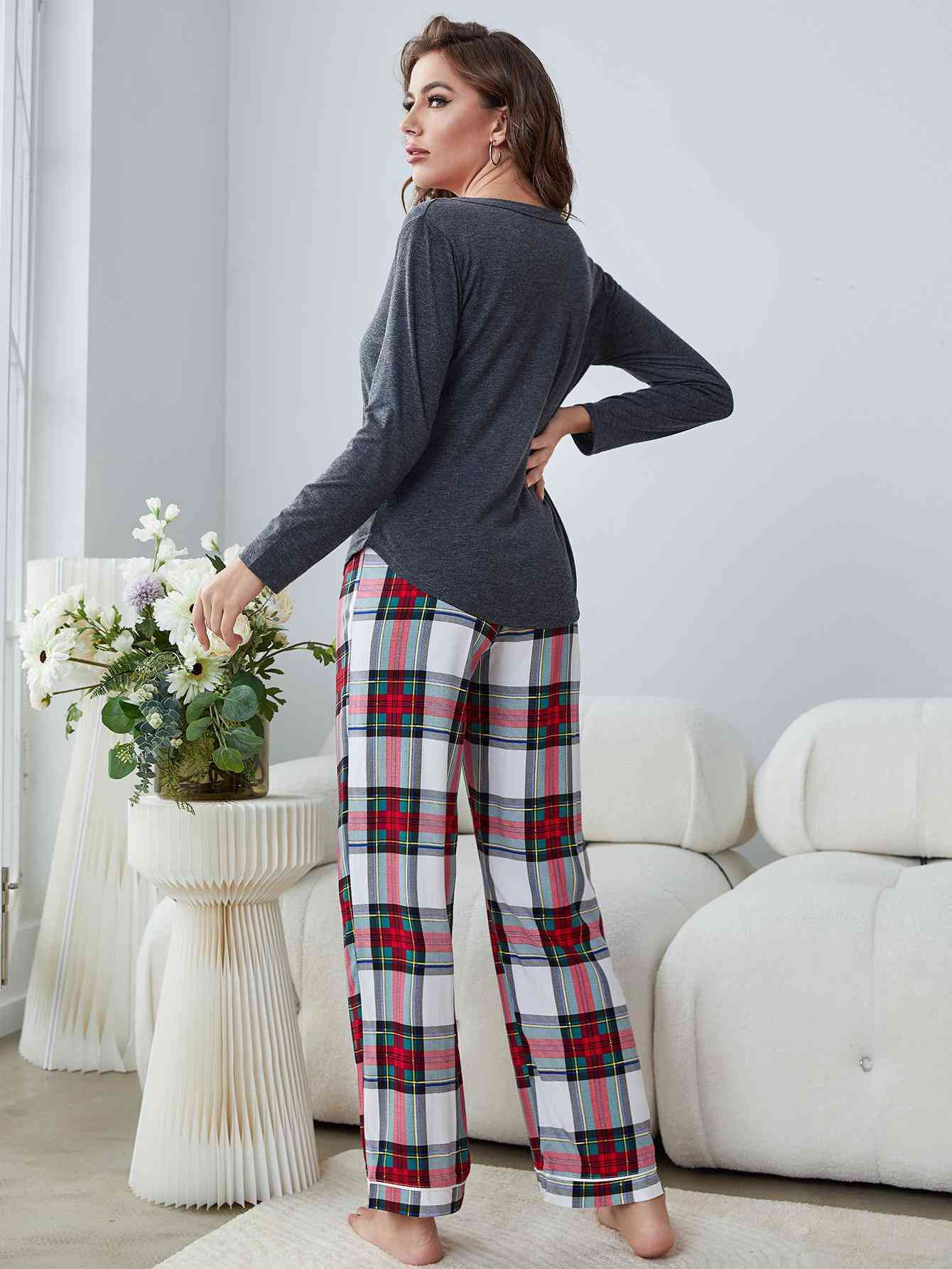 Buttoned Long Sleeve Top and Plaid Pants Lounge Set