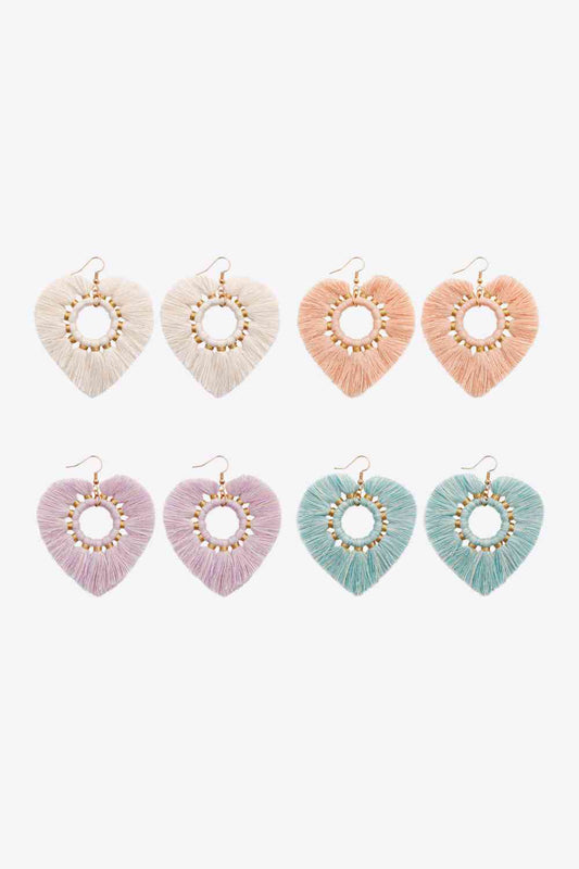 4 pares aleatorios de aretes colgantes con forma de corazón y flecos