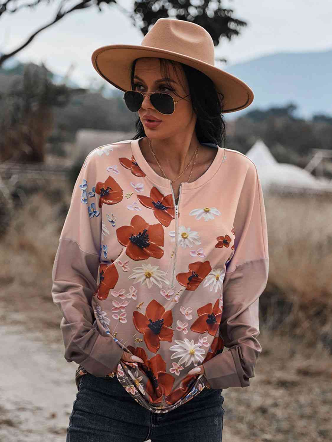 Blouse à épaules tombantes et fermeture éclair sur le devant à imprimé floral