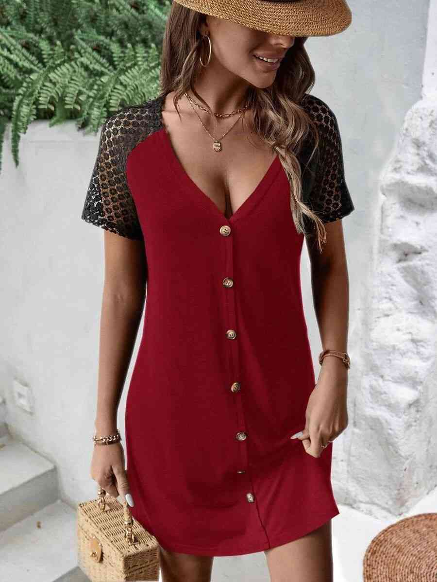 Buttoned V-Neck Raglan Sleeve Dress