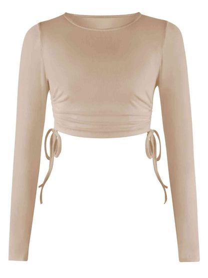 Drawstring Round Neck Long Sleeve Top