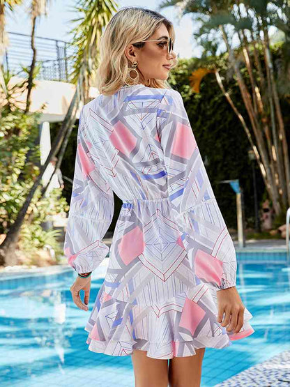 Geometric Print Surplice Neck Balloon Sleeve Dress