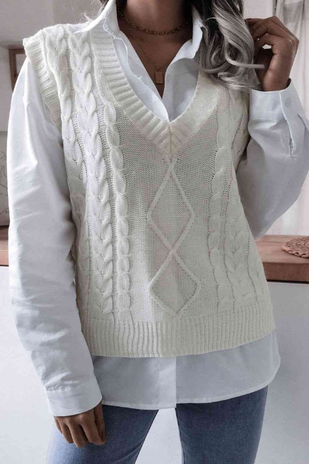 Chaleco estilo suéter con cuello en V y canalé de punto trenzado