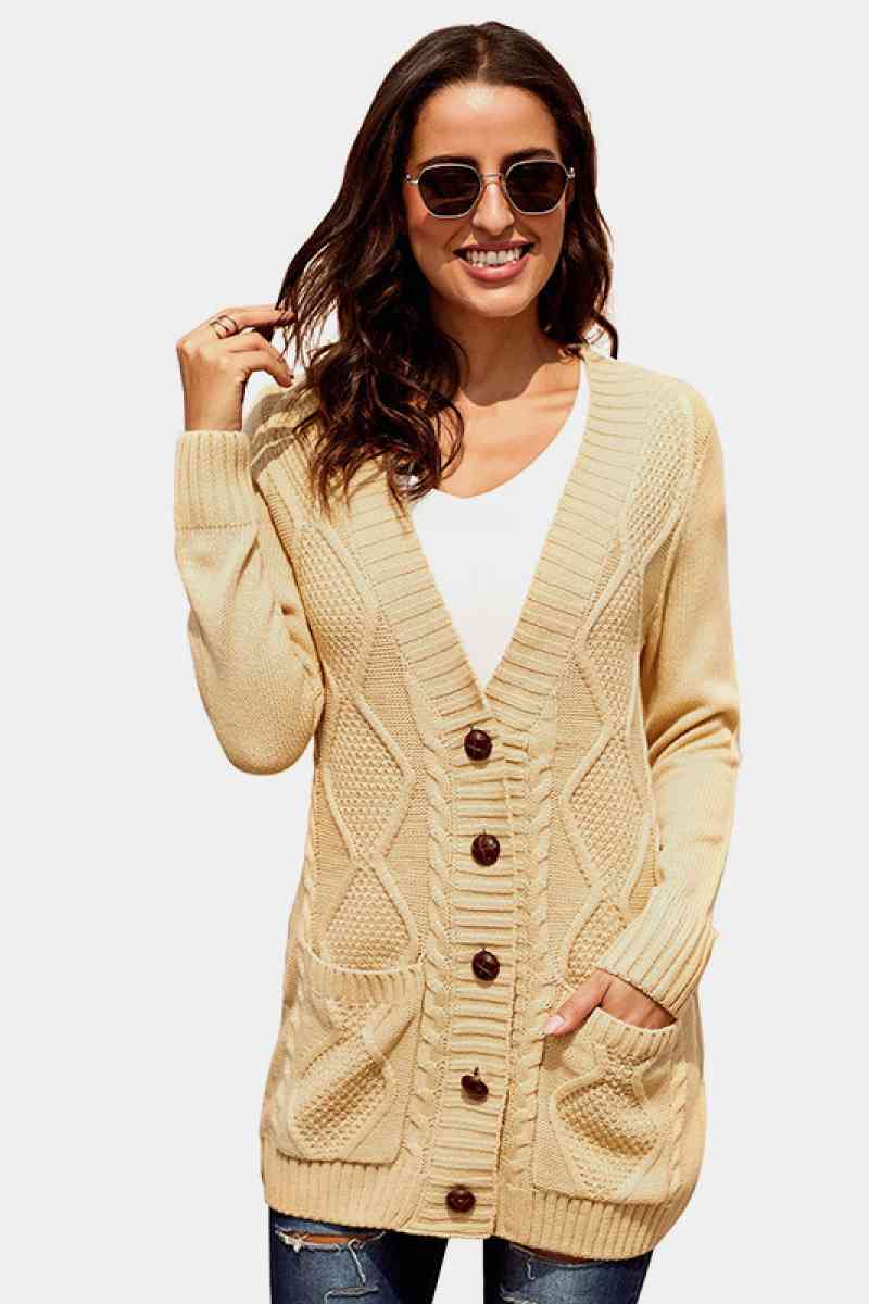 Woven Right Button Pocket Cable Knit Cardigan