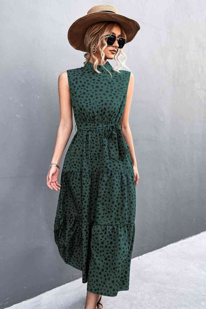 Printed Mock Neck Sleeveless Belted Tiered Dress