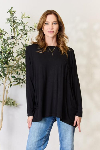 Zenana Full Size Round Neck Long Sleeve Top with Pocket