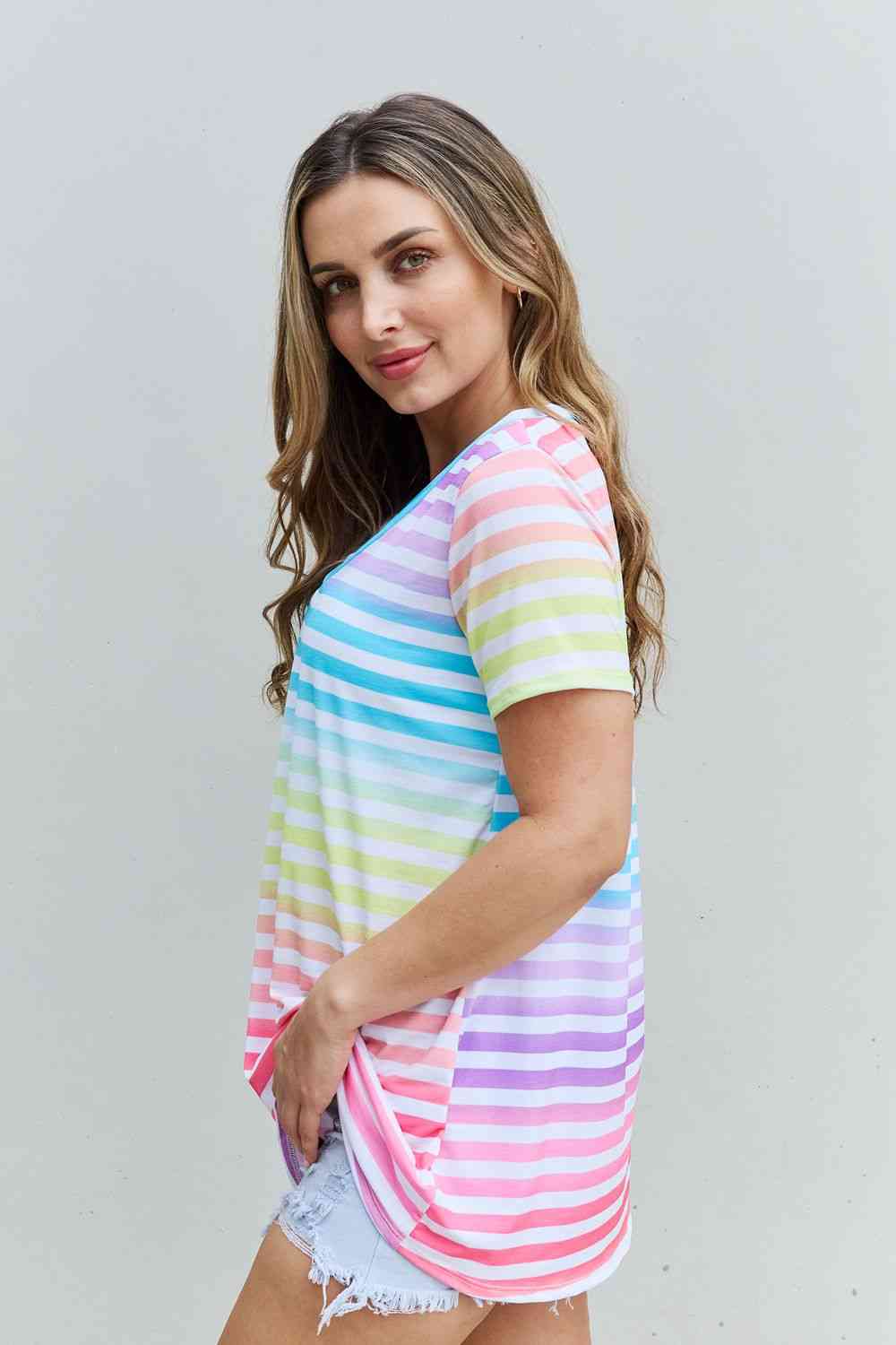 Heimish Out And Proud Full Size Multicolored Striped V-Neck Short Sleeve Top