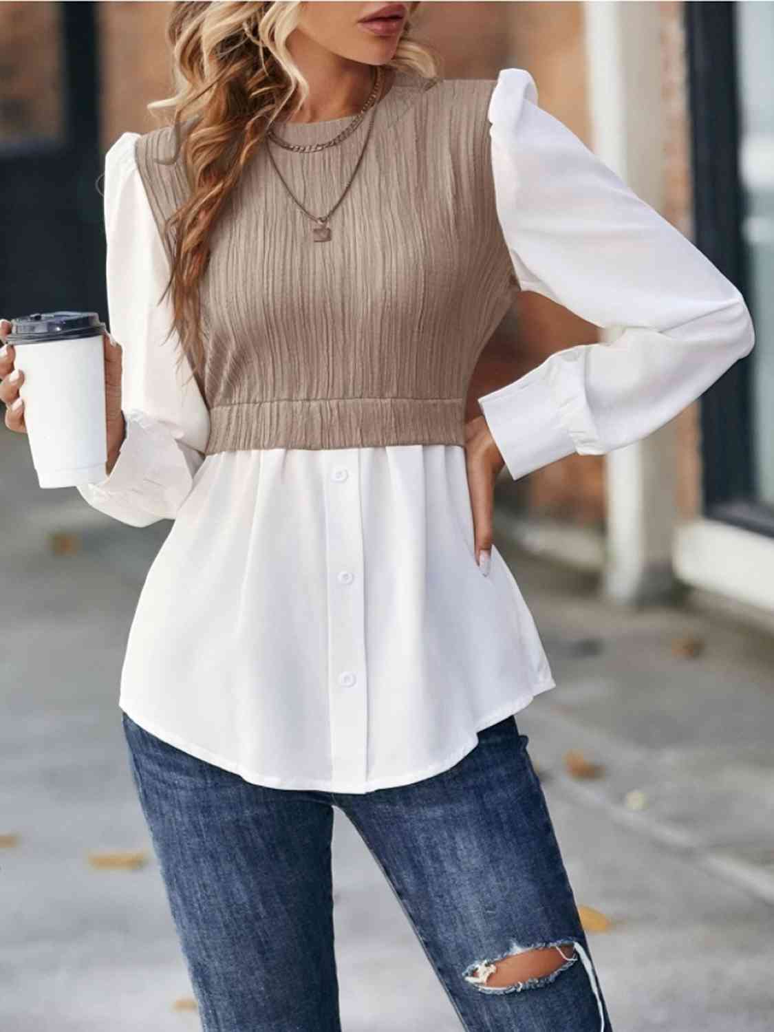 Blouse contrastée à col rond et manches bouffantes