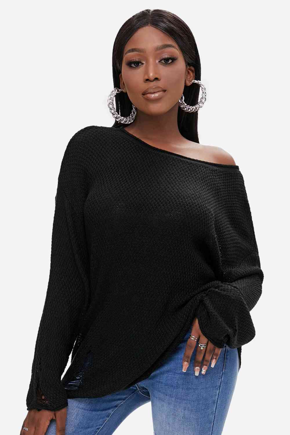 Round Neck Distressed Drop Shoulder Sweater