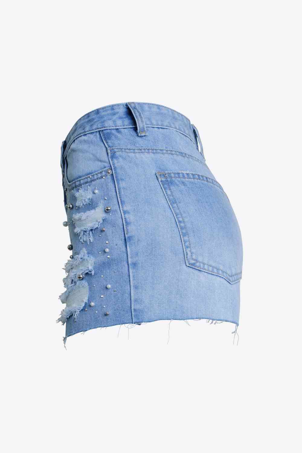 Short en denim perlé pleine taille en détresse