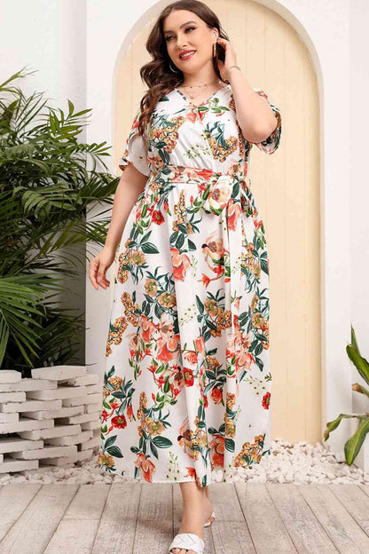 Plus Size Printed Surplice Short Sleeve Maxi Dress