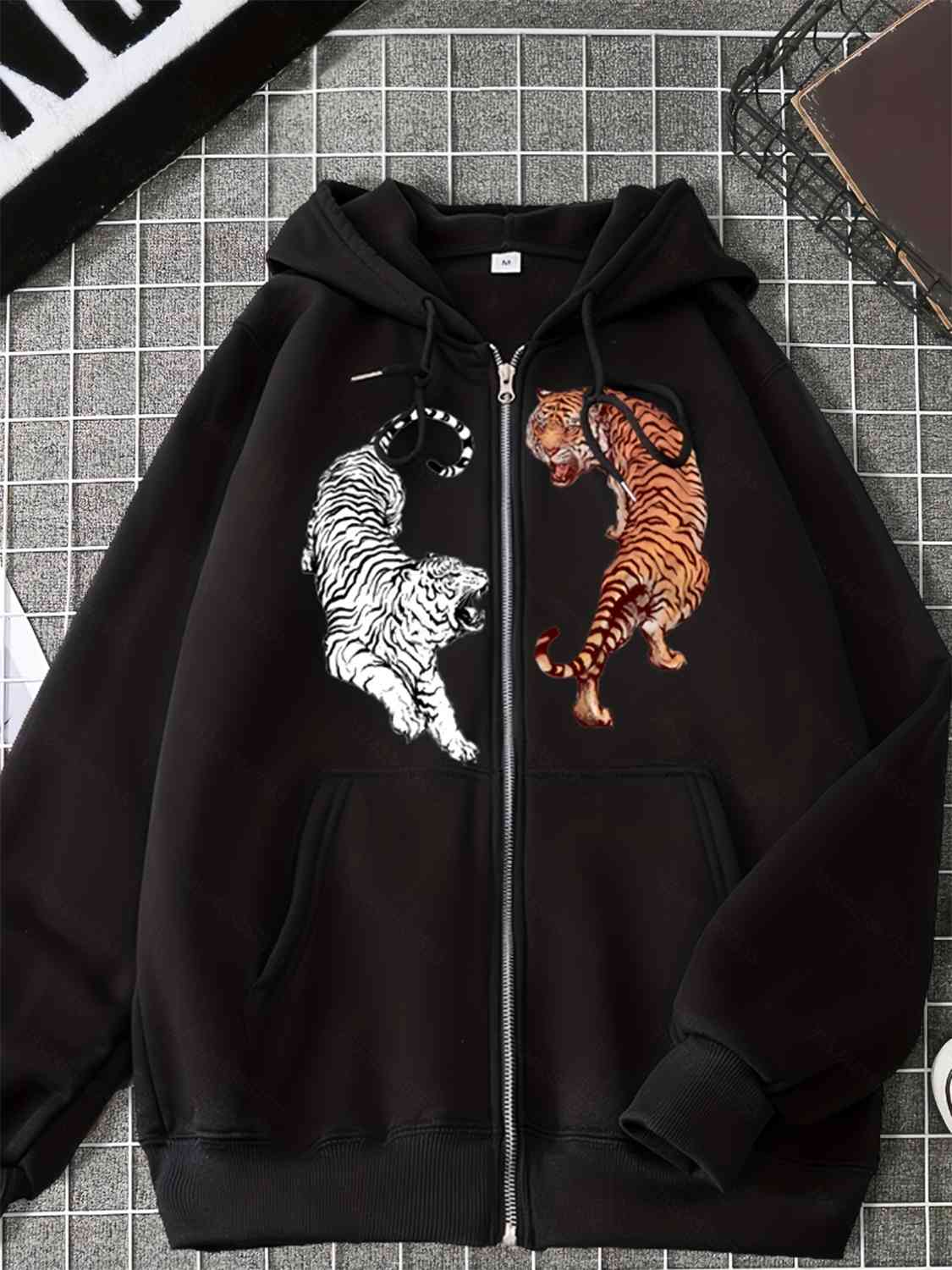 Sweat à capuche zippé avec cordon de serrage et poches Tiger Graphic