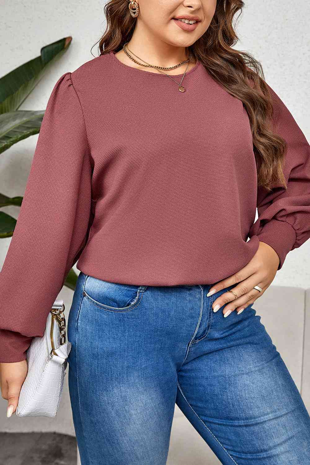 Top de manga abullonada con cuello redondo y talla grande