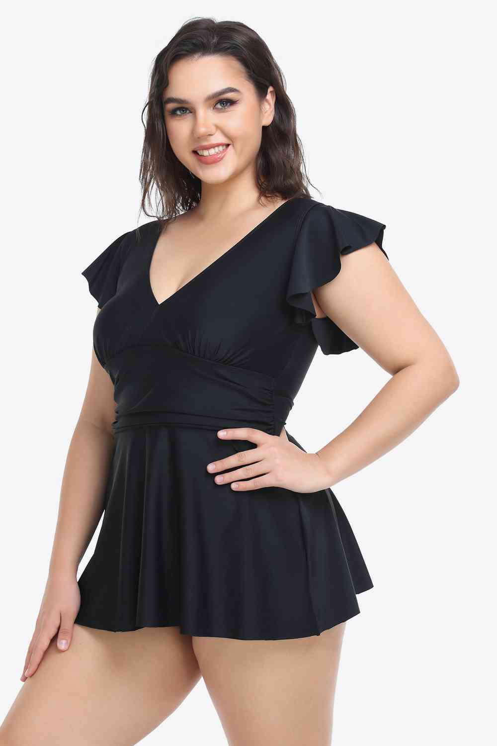 Ensemble Robe de Bain Plongeant à Volants et Bas de Grande Taille