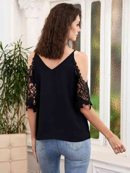 Cold-Shoulder V-Neck Spliced Lace Blouse