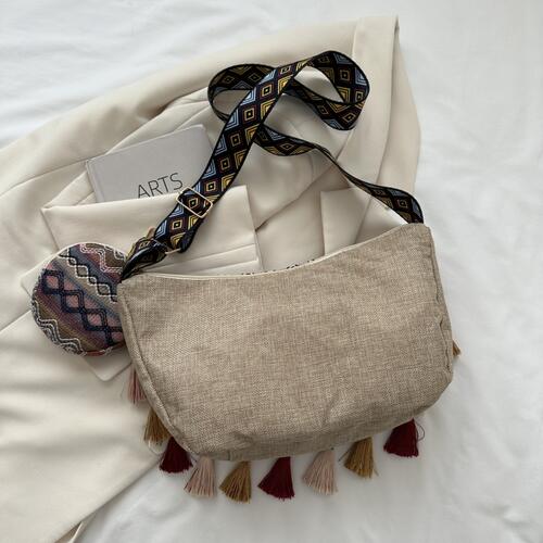 Sac à bandoulière imprimé avec pompons et petit sac à main