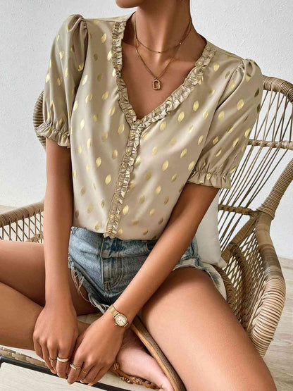 Printed Frill Trim V-Neck Blouse