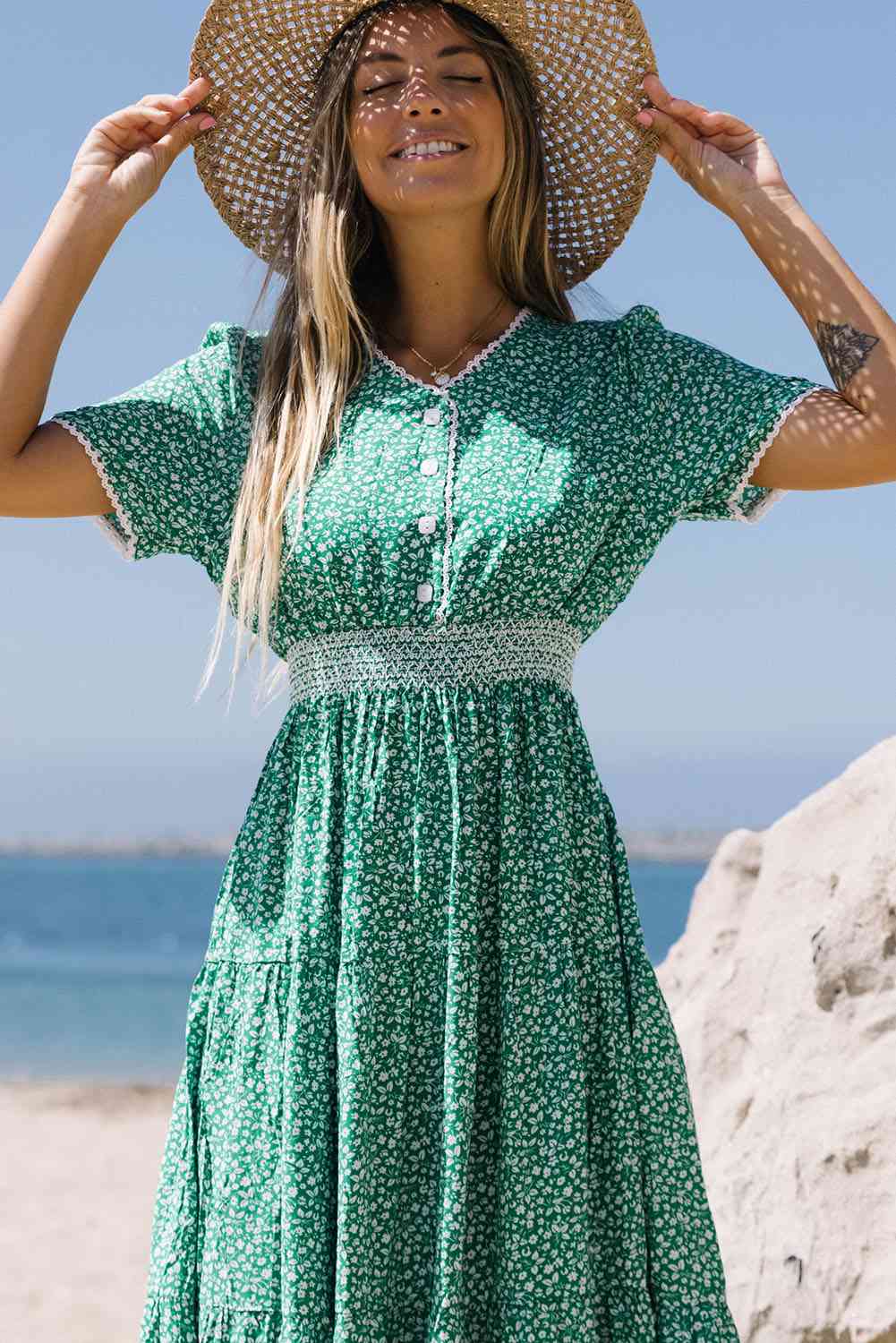 Printed V-Neck Short Sleeve Dress