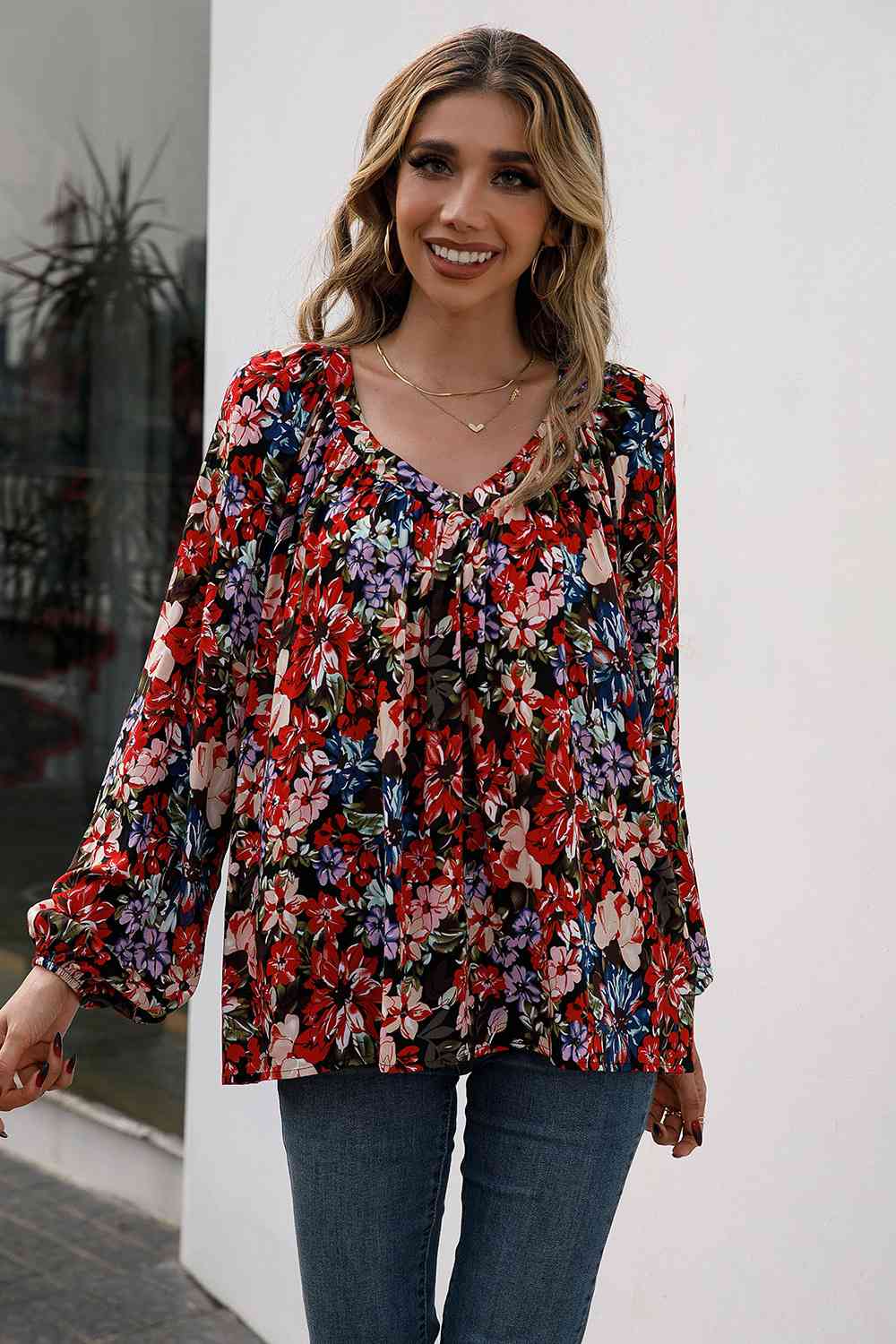 Blouse froncée à manches ballon et imprimé floral