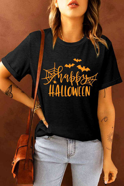 T-shirt graphique HAPPY HALLOWEEN à manches courtes et col rond