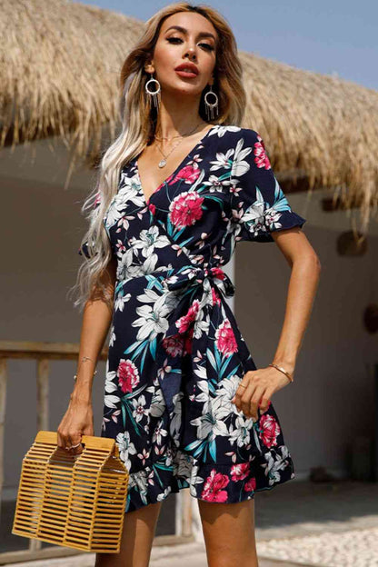 Floral Tied Flounce Sleeve Surplice Dress