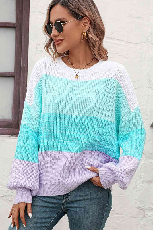 Suéter tipo jersey de canalé con bloques de color y cuello redondo