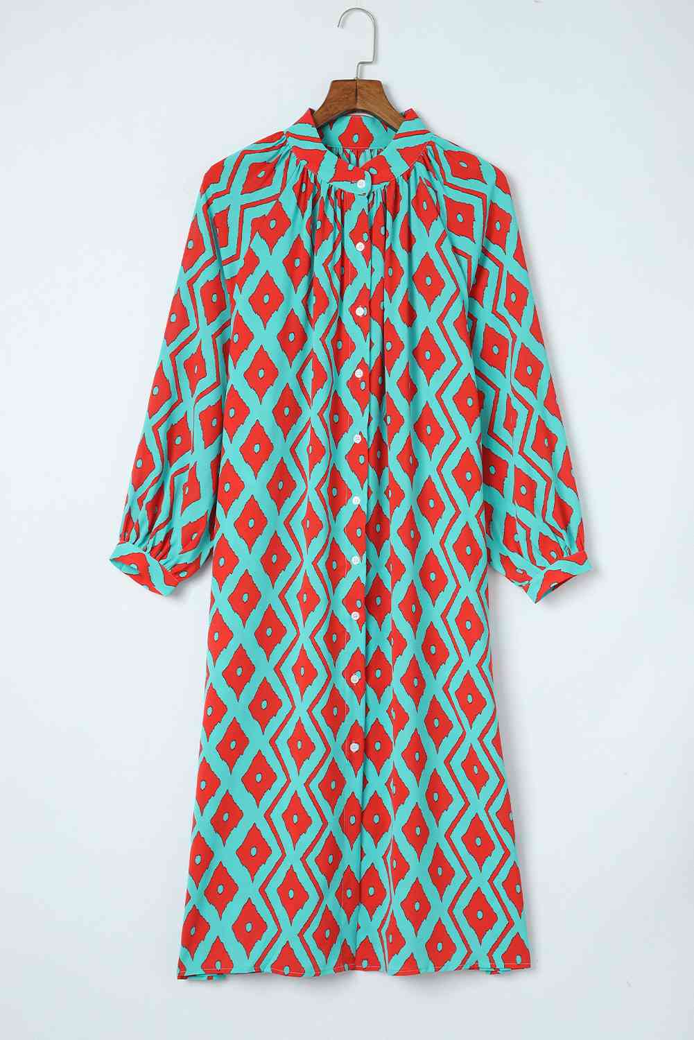 Printed Button-Down Mock Neck Dress