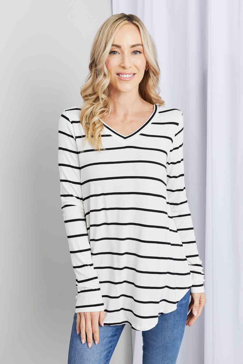 Zenana Full Size Striped V-Neck Long Sleeve Top