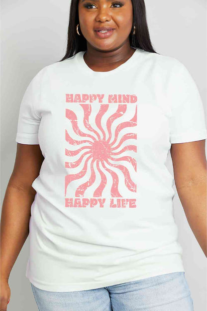 Camiseta de algodón con estampado HAPPY MIND HAPPY LIFE de tamaño completo de Simply Love