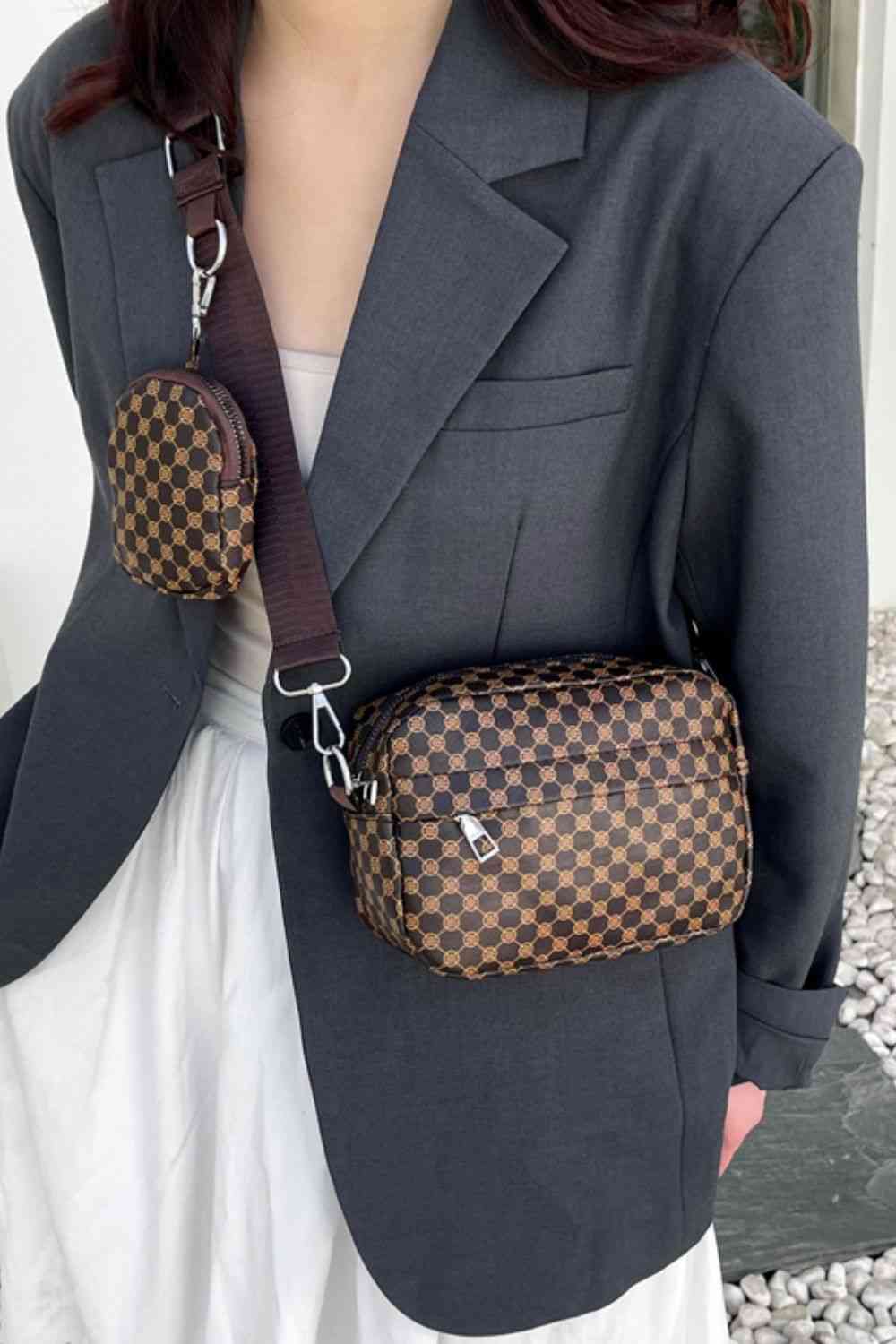 Sac à bandoulière en cuir PU géométrique adoré avec petit sac à main