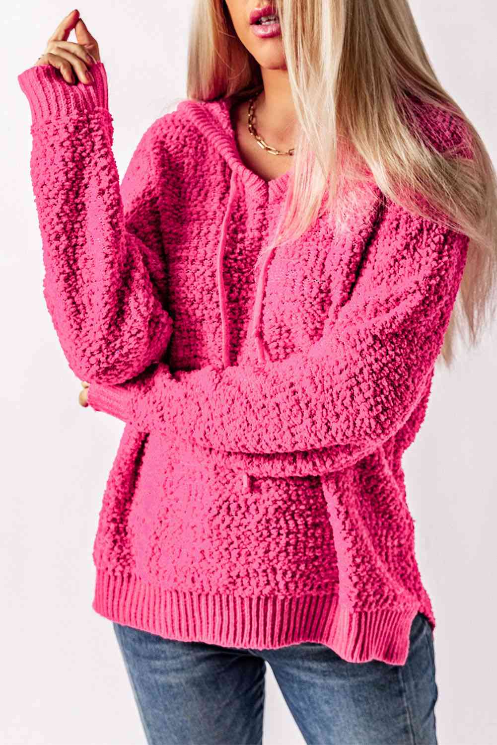 Pull à capuche fendu en tricot Popcorn