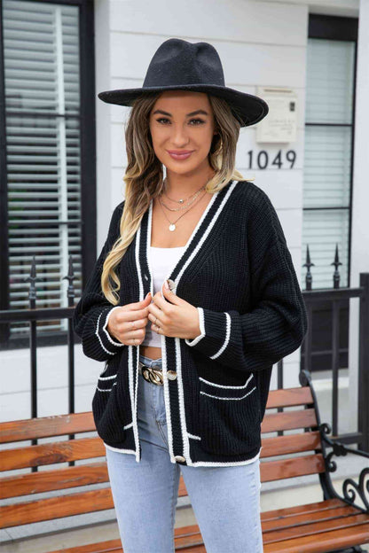 Cardigan à col en V en tricot gaufré avec poche