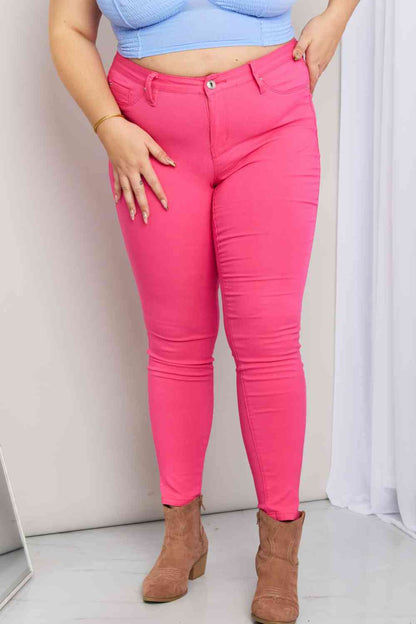 YMI Jeanswear Kate Hyper-Stretch Full Size Mid-Rise Skinny Jeans in Fiery Coral