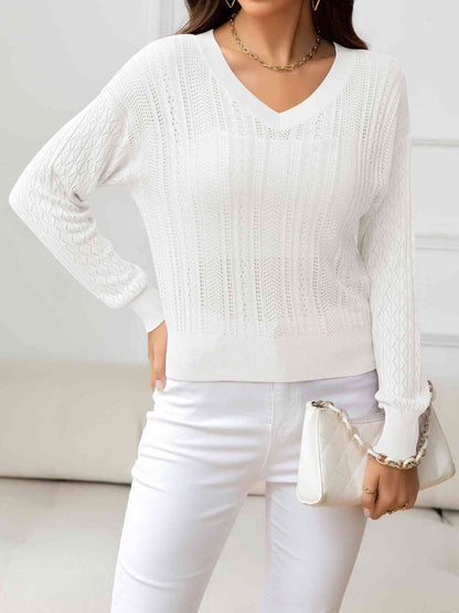 V-Neck Long Sleeve Eyelet Knit Top