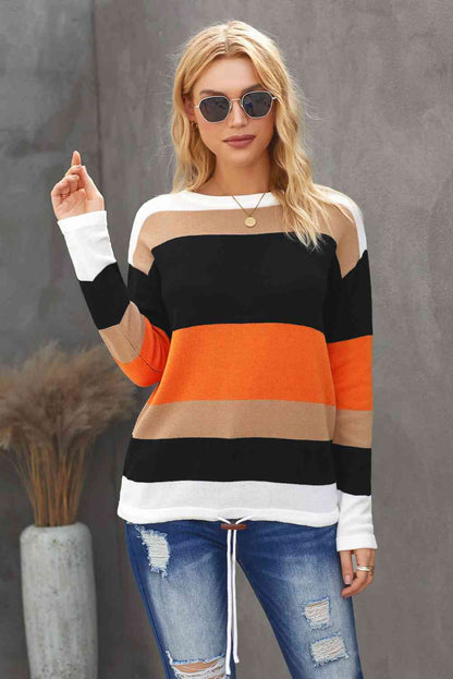 Round Neck Color Block Dropped Shoulder Knit Top