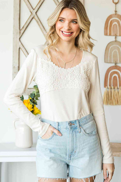 Double Take Lace Crochet Long Sleeve Top