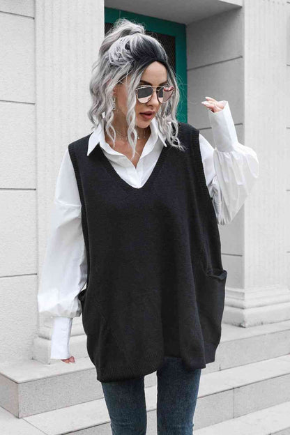 Gilet pull sans manches à col en V avec poche