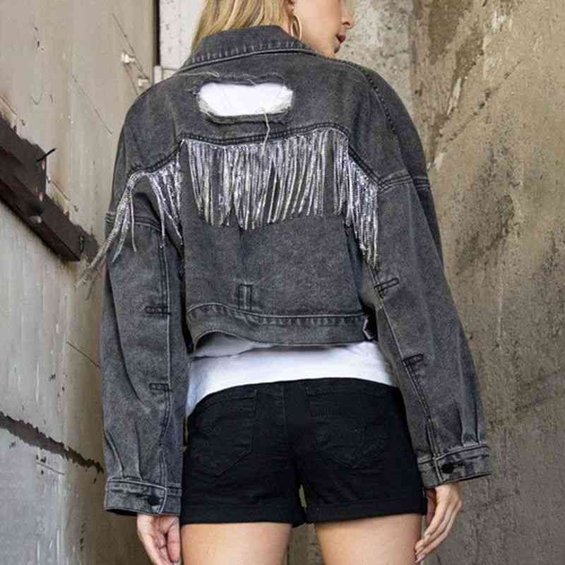 Cropped Collared Neck Dropped Shoulder Denim Jacket