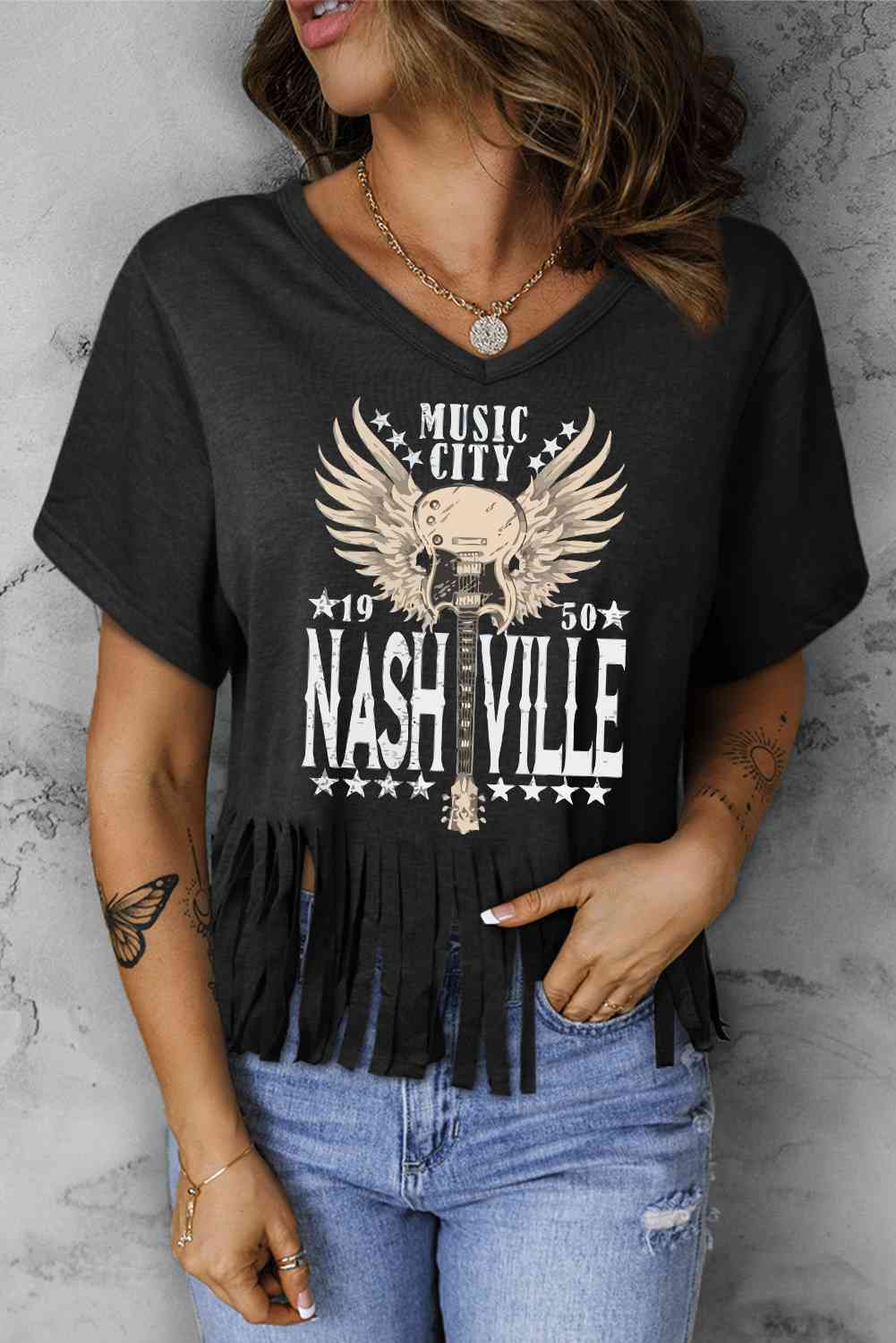 MUSIC CITY 1950 NASHVILLE Graphic Fringe Hem Tee