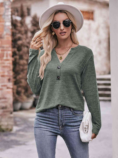 Double Take Buttoned Notched Neck Long Sleeve Top