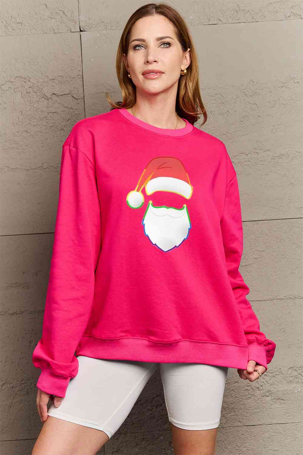 Sudadera con cuello redondo y estampado de Papá Noel arcoíris de tamaño completo de Simply Love