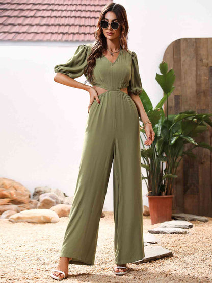 Cutout V-Neck Balloon Sleeve Jumpsuit