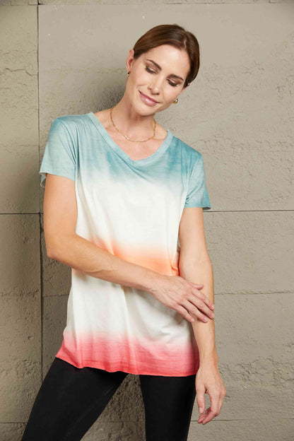 Double Take Tie-Dye V-Neck Short Sleeve Tee