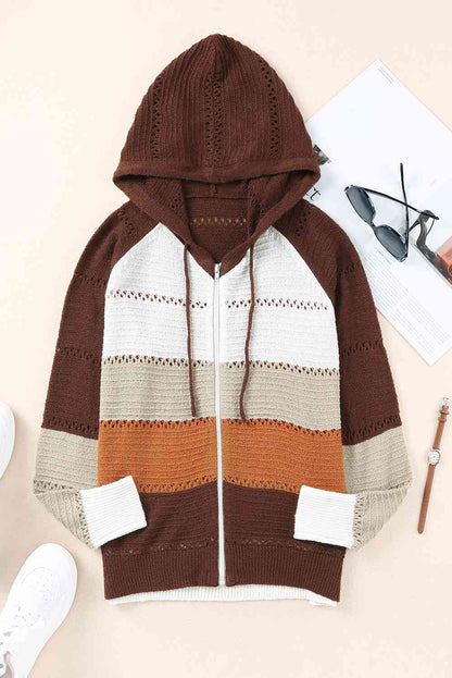 Cardigan zippé à capuche ajouré et manches raglan