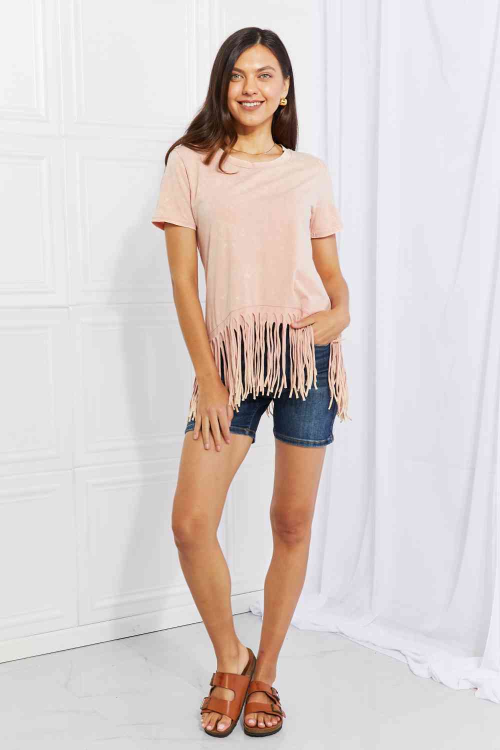 BiBi Empowering Expression Mineral Wash Fringe Hem Tee