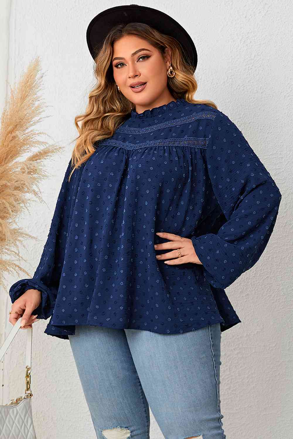 Blouse à Col Montant et Manches Ballon de Grande Taille