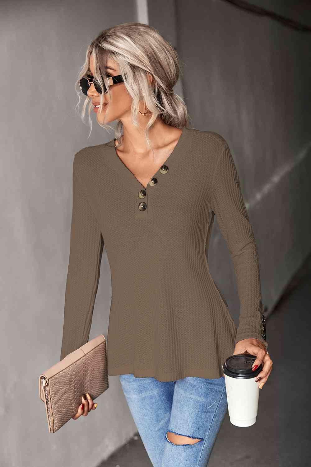 Waffle-Knit Button Detail V-Neck Top