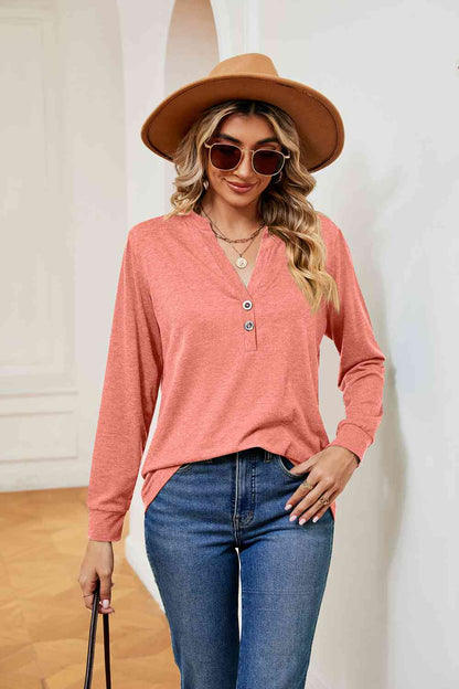 Buttoned Notched Neck Long Sleeve Top