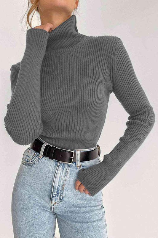 Suéter de manga larga con cuello alto de canalé