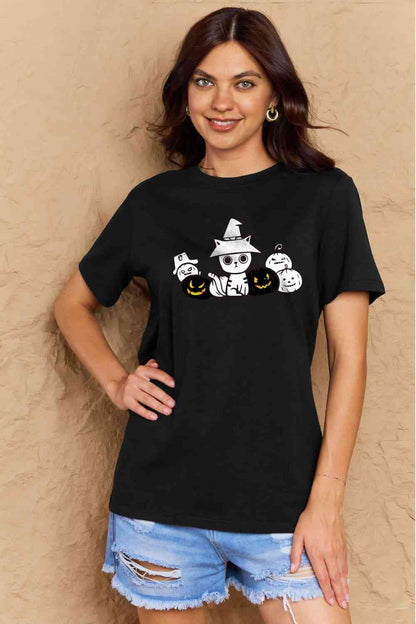 Simply Love T-shirt en coton avec motif chat et citrouille pleine taille